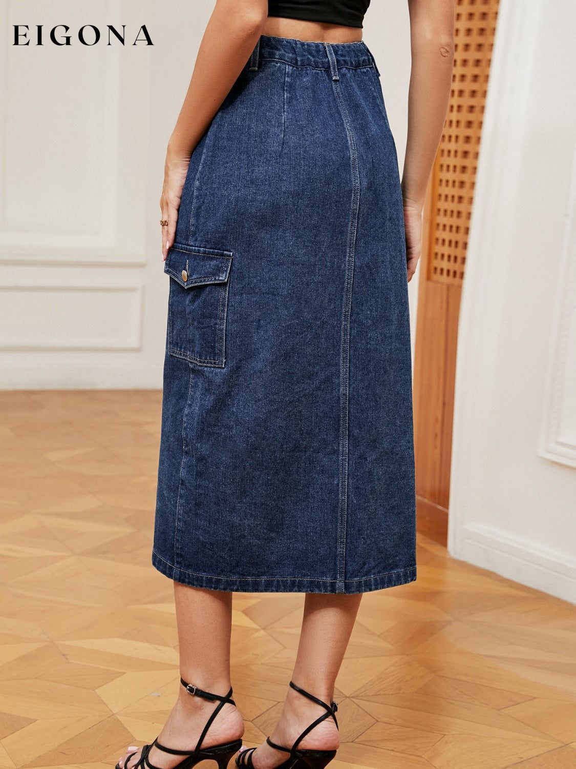 Button Down Denim Skirt bottoms clothes denim skirt Manny midi skirts Ship From Overseas Shipping Delay 10/01/2023 - 10/03/2023 skirts Women's Bottoms