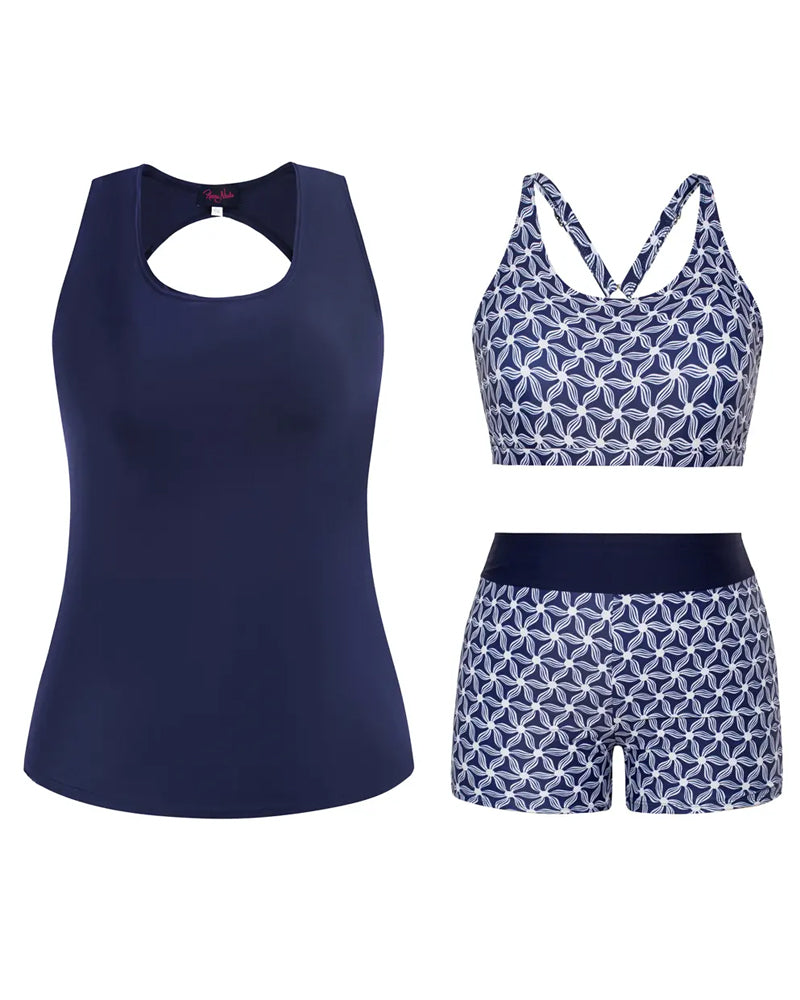 Crewneck Sleeveless Geometric Print Boy Shorts Tankinis