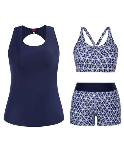 Crewneck Sleeveless Geometric Print Boy Shorts Tankinis