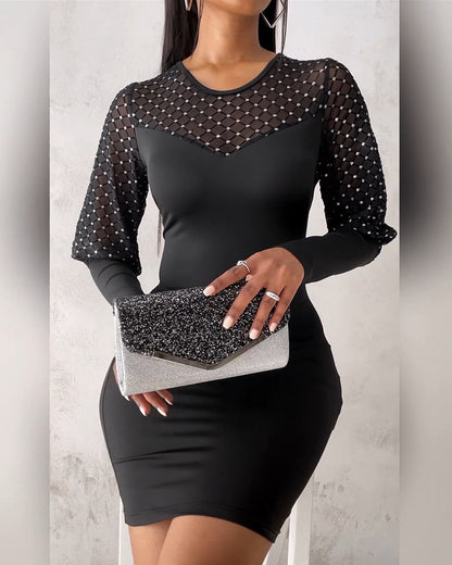 Solid Color Mesh Long-Sleeved Dress