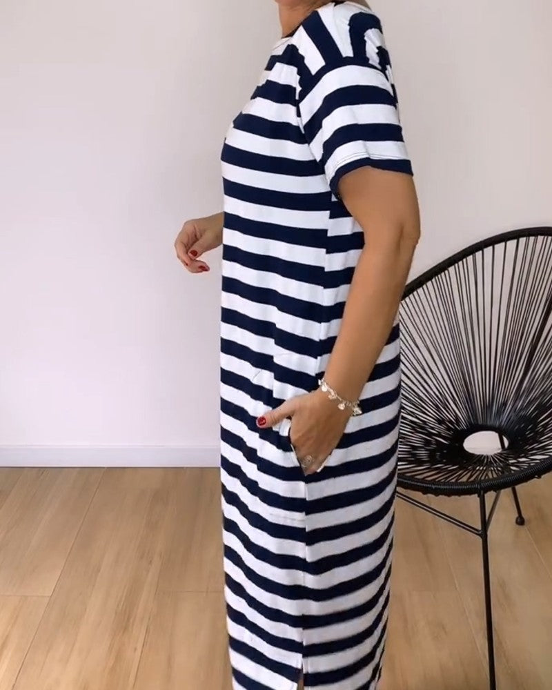 Loose Straight Striped T-Shirt Long Dress
