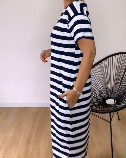 Loose Straight Striped T-Shirt Long Dress casual dresses spring summer