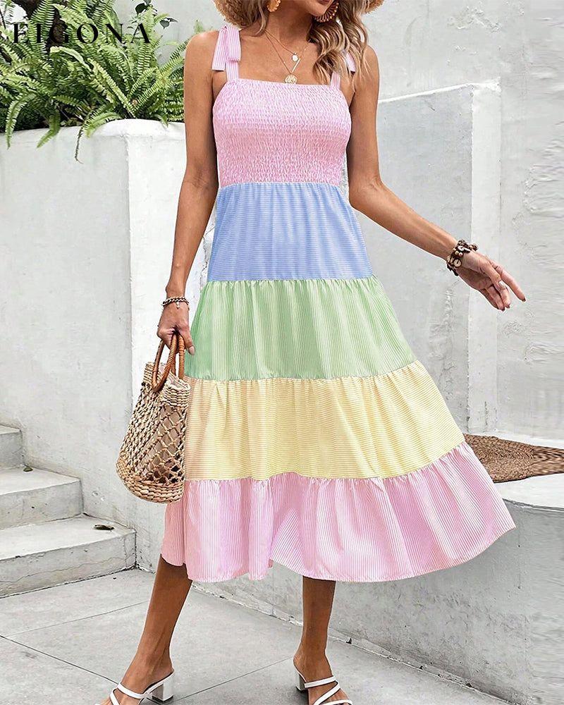 Contrast color patchwork suspender dress casual dress spring summer vacation