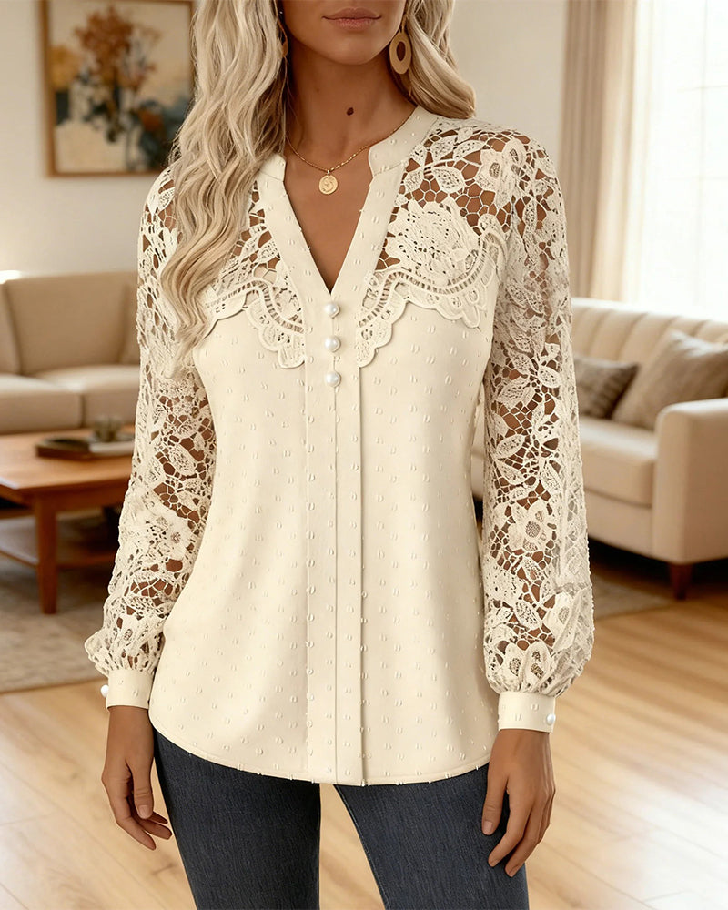 Lantern Sleeve Lace Crochet Blouse