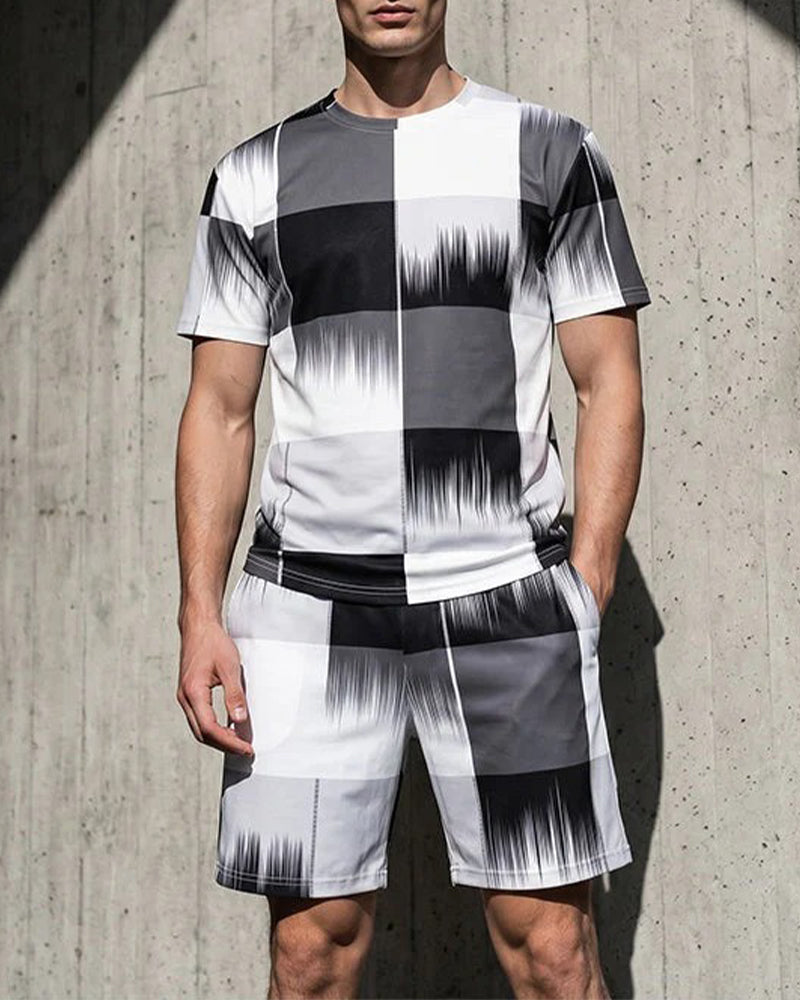 Black and White Gradient Plaid Short Sleeve Set