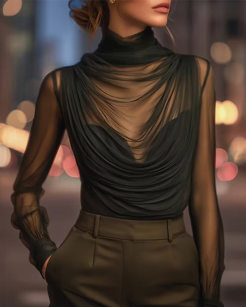 Mesh High-Neck Sheer Ruched Blouse