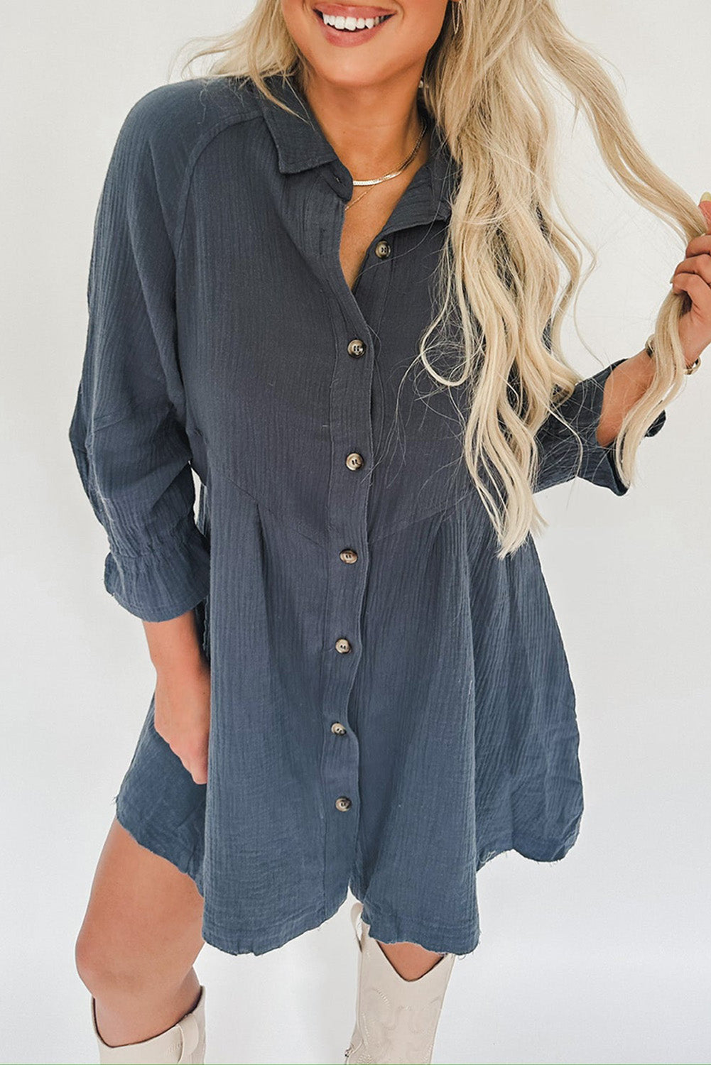 Sail Blue 3/4 Ruffled Sleeve Buttoned Crinkled Shirt Dress Sail Blue 100%Cotton casual dresses clothes dress dresses long sleeve dress long sleeve dresses short dresses