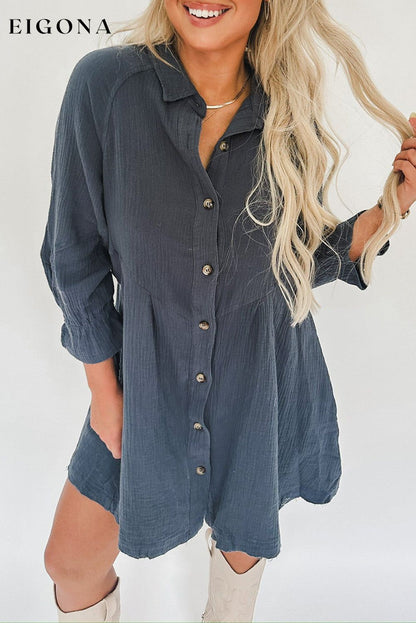 Sail Blue 3/4 Ruffled Sleeve Buttoned Crinkled Shirt Dress Sail Blue 100%Cotton casual dresses clothes dress dresses long sleeve dress long sleeve dresses short dresses