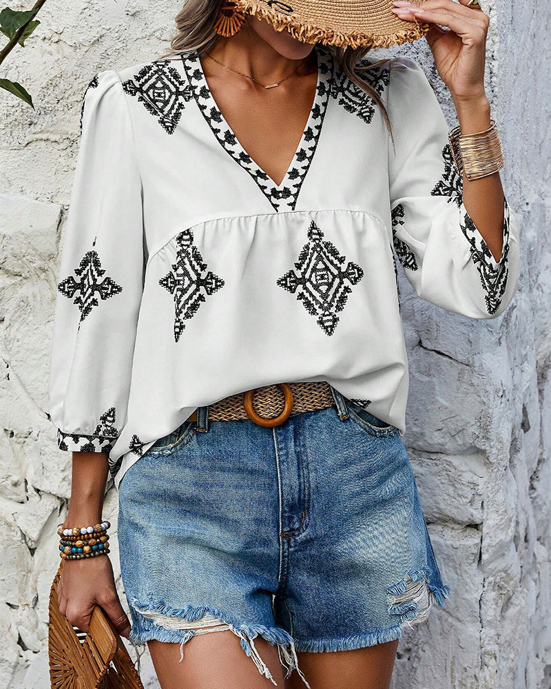 V-Neck Diamond Print Three-Quarter Sleeve Blouse blouses & shirts summer