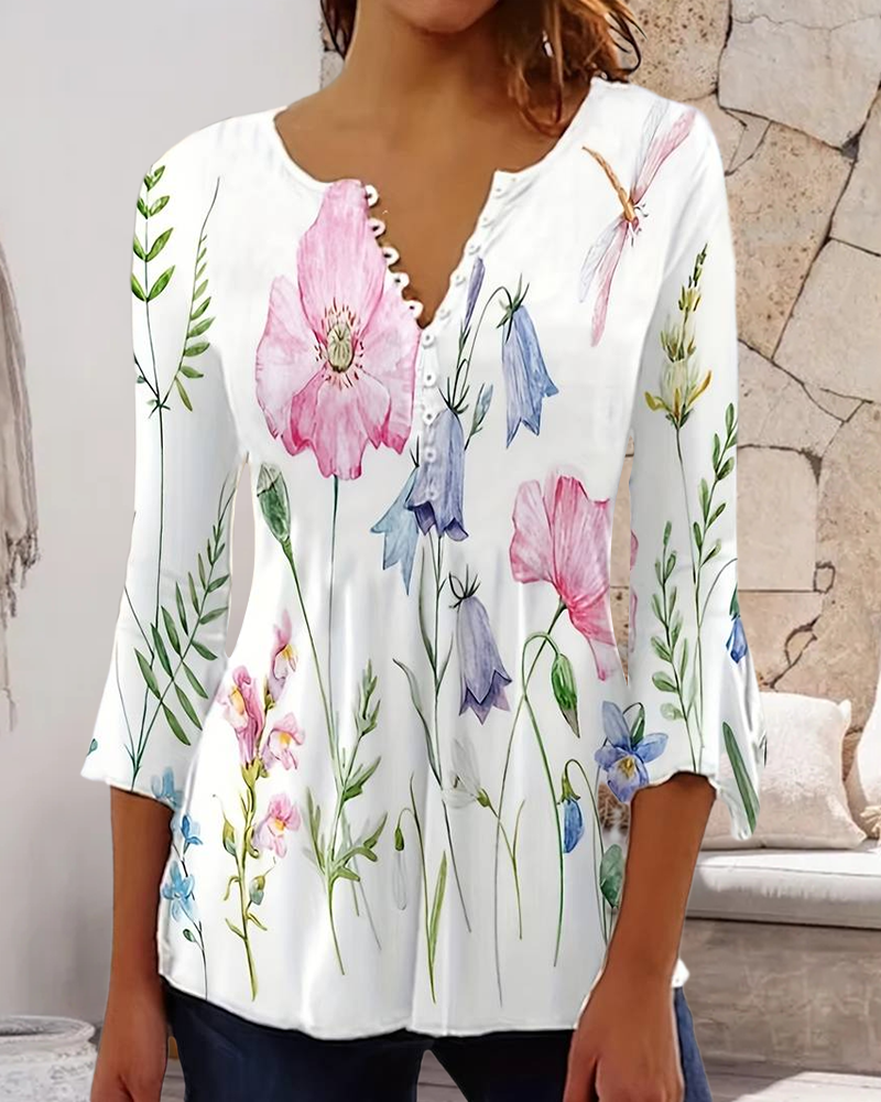 Casual floral print three-quarter sleeve button blouse blouses & shirts spring summer