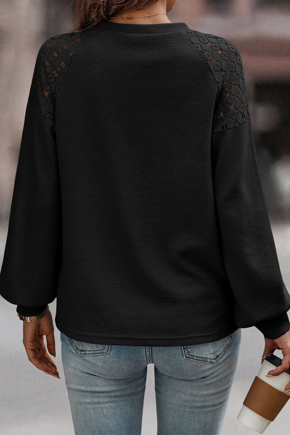 Black Lace Long Sleeve Textured Casual Top, Womens Shirts