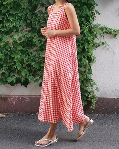 Plaid Sleeveless Square Neck Maxi Dress