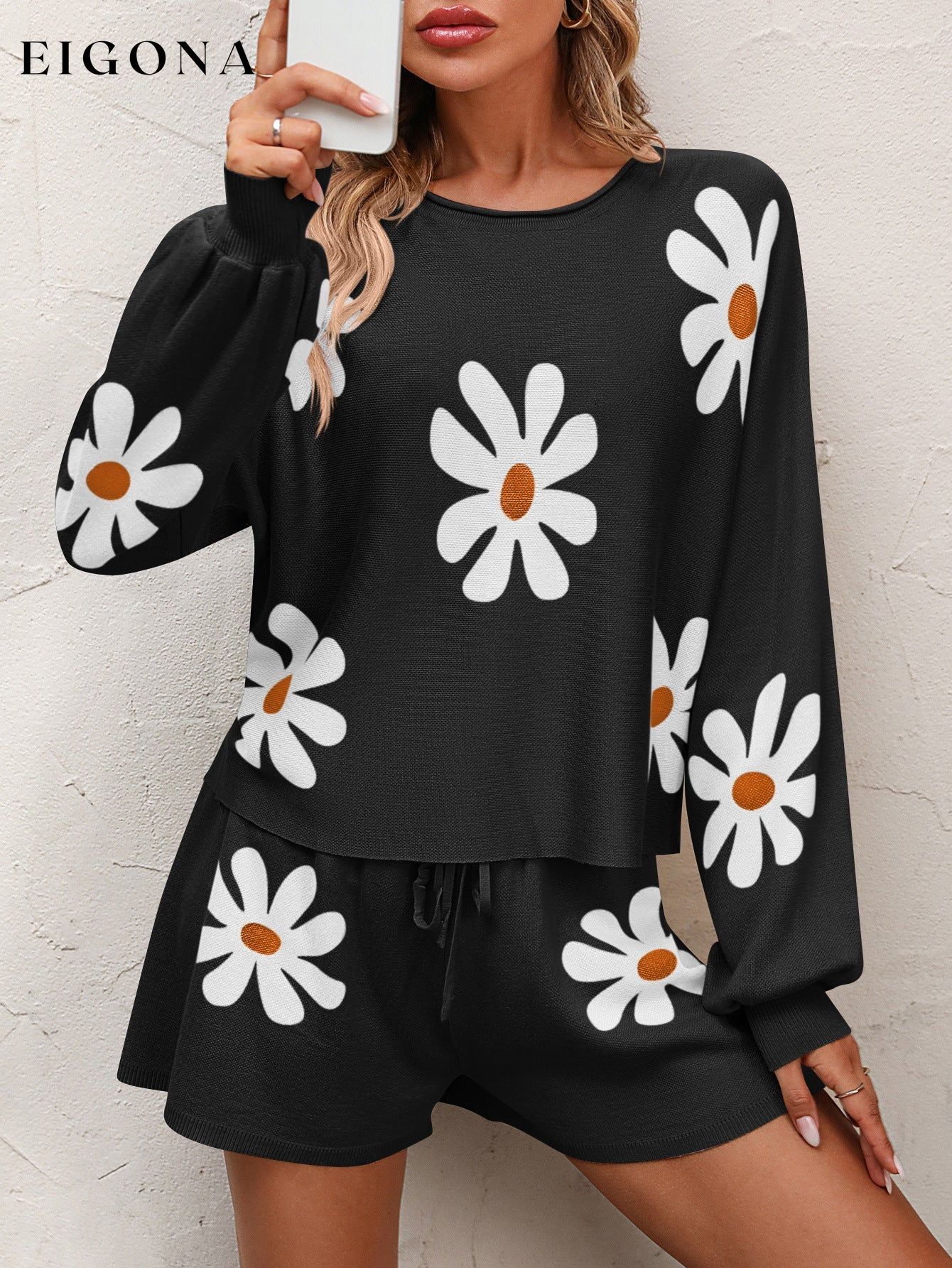 Floral Print Raglan Sleeve Knit Top and Tie Front Sweater Shorts Set Black clothes lounge lounge wear loungewear Mandy sets Ship From Overseas trend