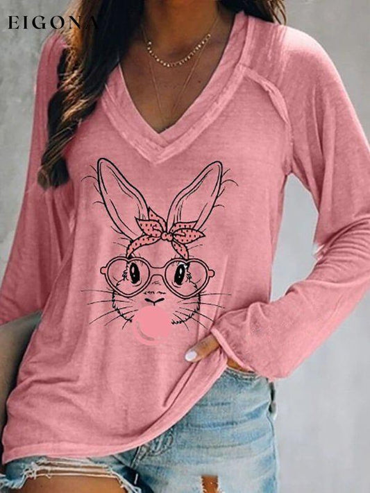 Easter Cute Bunny Print V-Neck Long Sleeve T-Shirt