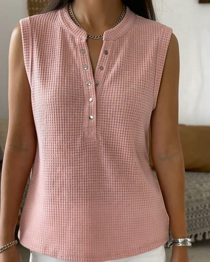 Sleeveless Button-Front Waffle Knit Tank Top