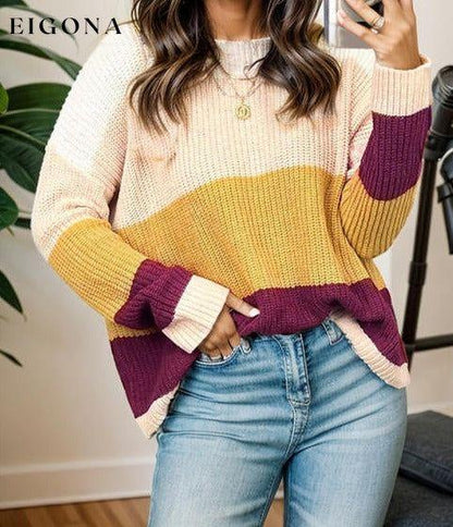 Color Block Round Neck Long Sleeve Sweater Yellow Green clothes Ship From Overseas SYNZ
