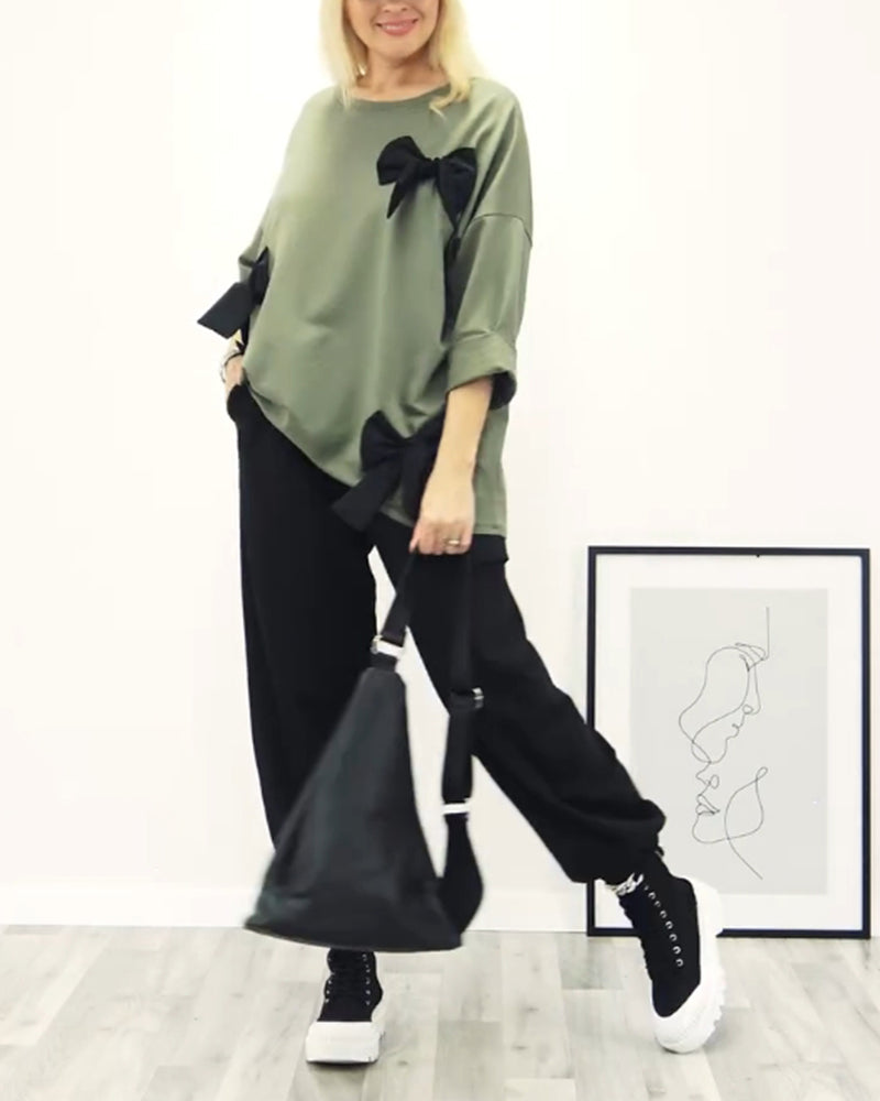 Casual solid color bow crew neck top 2024 f/w blouses & shirts