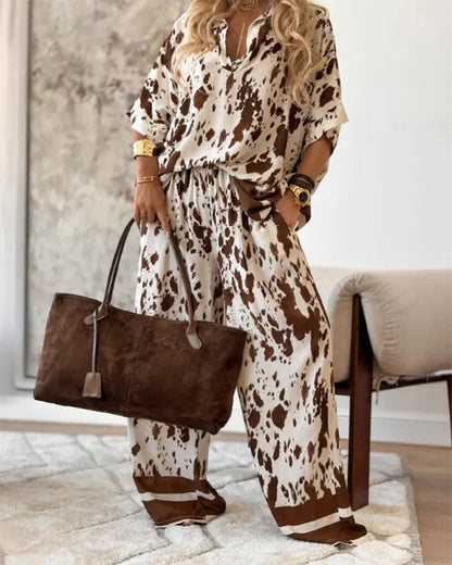 V-Neck Leopard Print Wide-Leg Pants Suit