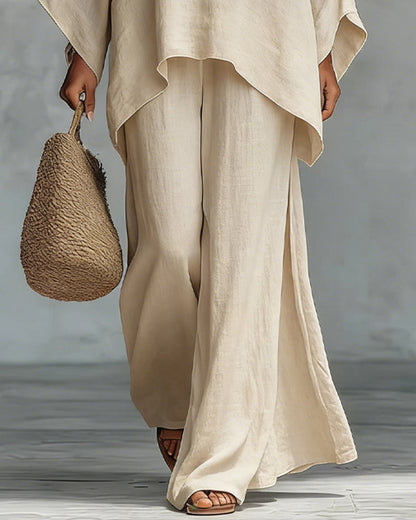 Solid color shirt and wide-leg pants suit