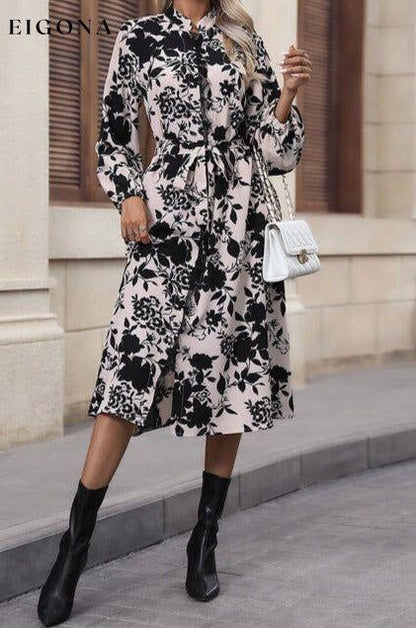 Floral Balloon Sleeve Tied Long Sleeve Casual Midi Dress casual dresses clothes dress dresses Hundredth long sleeve dress long sleeve dresses Ship From Overseas