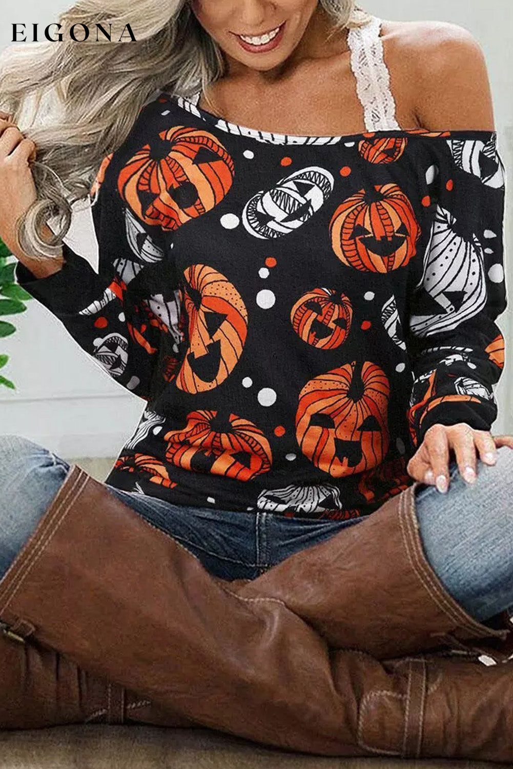 One Shoulder Jack-O'-Lantern Graphic Sweatshirt clothes Ship From Overseas shirts sweater SYNZ top trend