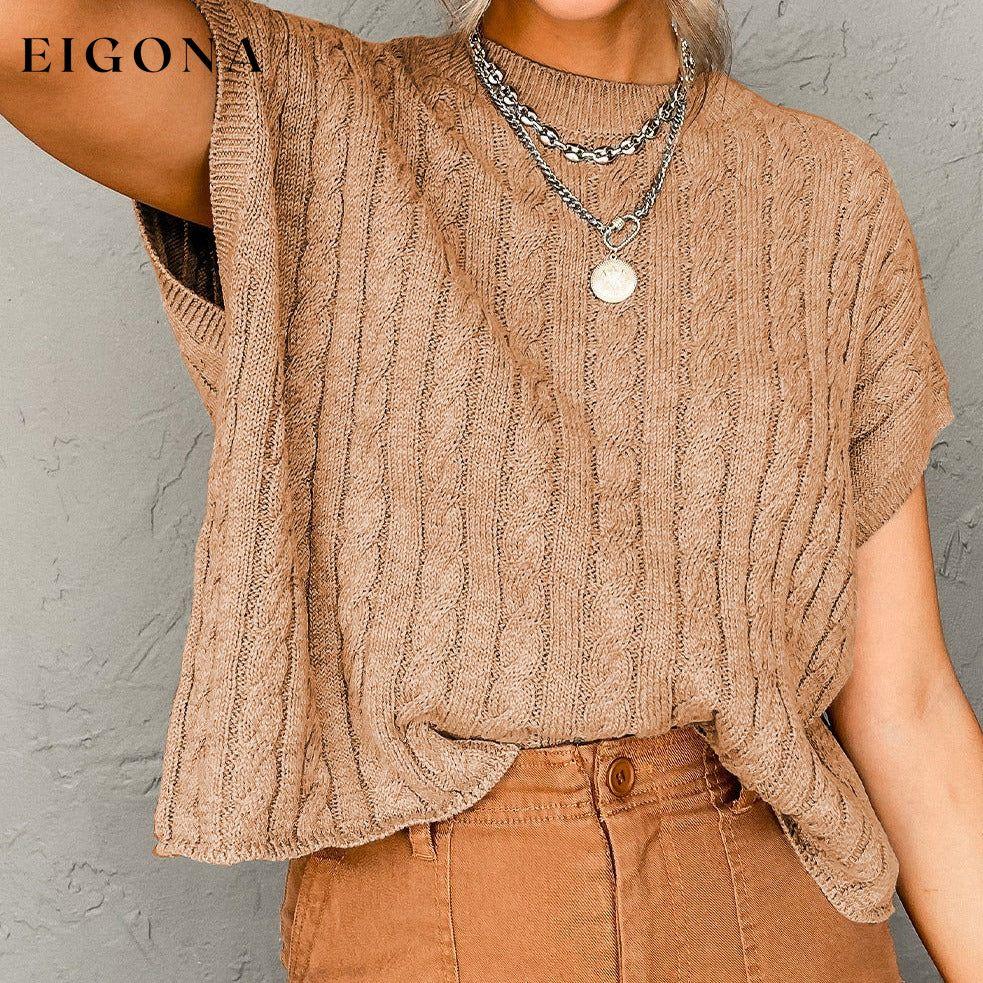 Light French Beige Crew Neck Cable Knit Short Sleeve Sweater All In Stock cable knit clothes Fabric Ribbed Hot picks Print Solid Color Season Fall & Autumn shirt shirts short sleeve short sleeve shirt short sleeve top Sleeve Short Sleeve Style Casual Sweater sweaters top tops