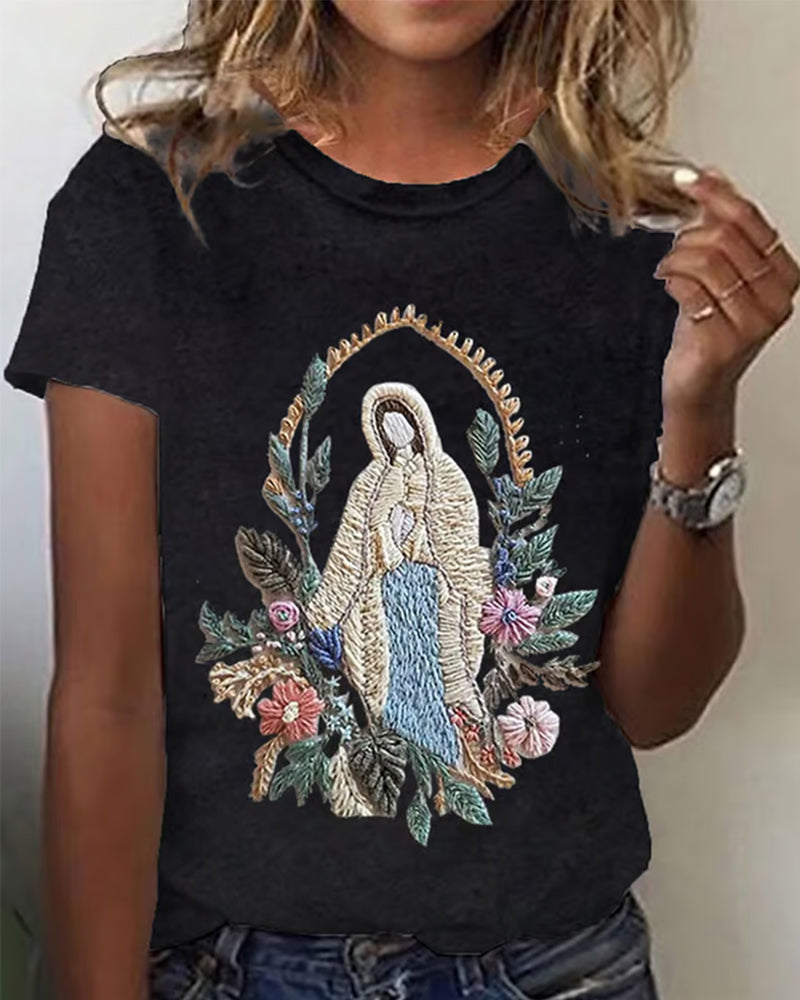 Women's Christian Our Lady Floral Print Round Neck T-Shirt