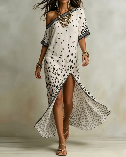 One-Shoulder Polka Dot Gradient Slit Dress