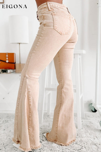 Khaki Raw Edge Mid Waist Flared Jeans All In Stock Best Sellers bottom clothes Craft Distressed Early Fall Collection Fabric Denim Occasion Daily pants Print Solid Color Season Spring Silhouette Flare Style Casual Style Modern