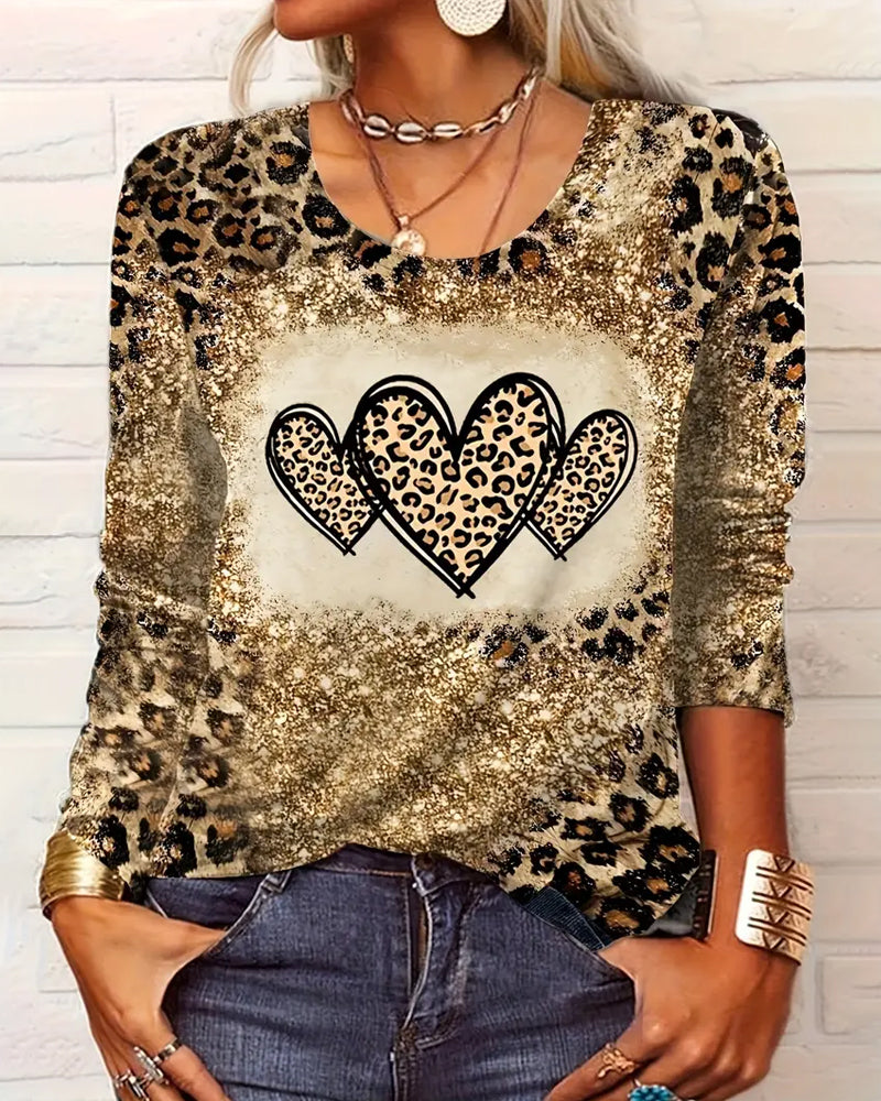 Casual Leopard Colorblock Heart Print Top