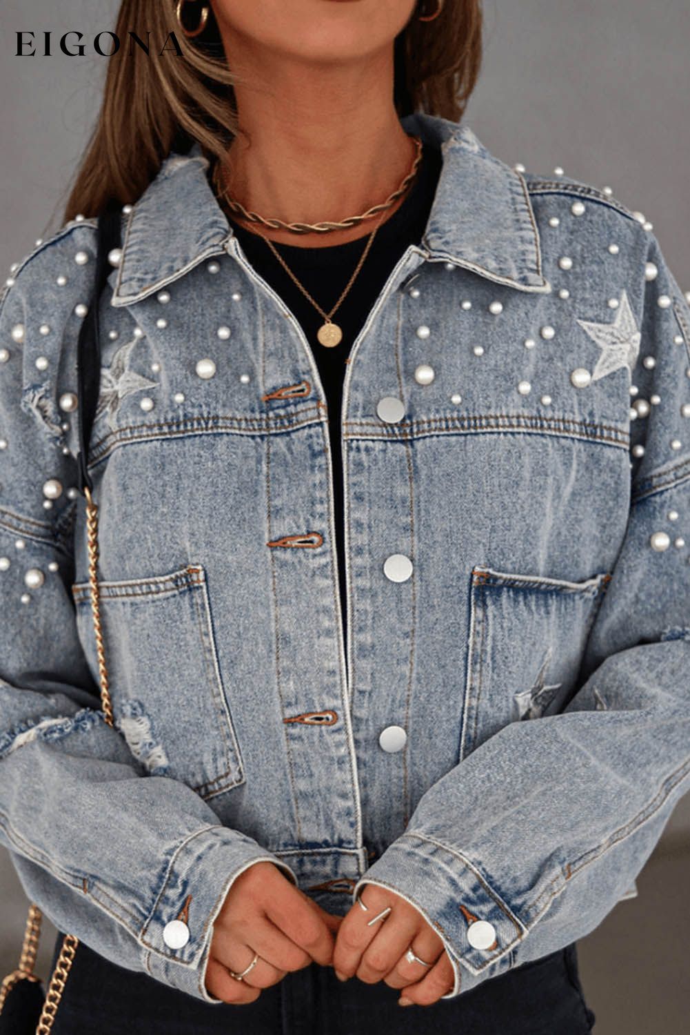 Sky Blue Distressed Pearls Star Cropped Denim Jacket All In Stock Category Shacket clothes Color Blue Craft Bead Craft Distressed Fabric Denim Occasion Daily Print Solid Color Season Fall & Autumn Style Western