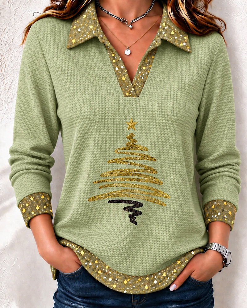 Collared V-neck Waffle Long Sleeve Top