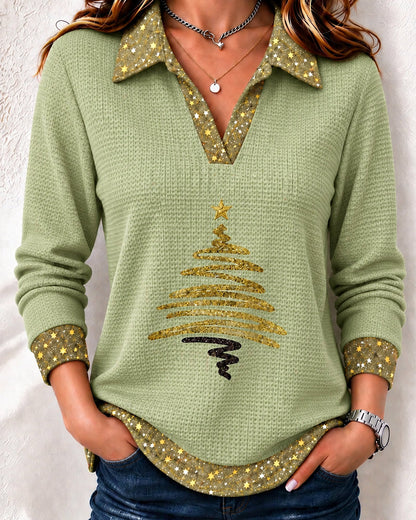 Collared V-neck Waffle Long Sleeve Top