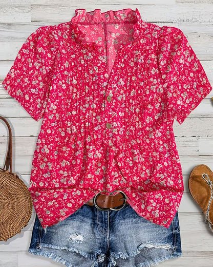 V-neck Button Floral Print Blouse