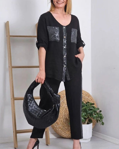 Round neck sequined casual top blouses & shirts spring summer