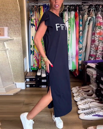 Letter print ruffle sleeve slit casual dress
