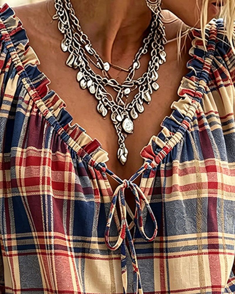 V-Neck Tie Plaid Blouse blouses & shirts spring summer