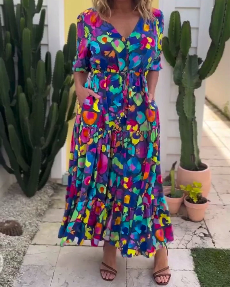 Lantern Sleeve Tie-Drawstring Printed V-Neck Dress