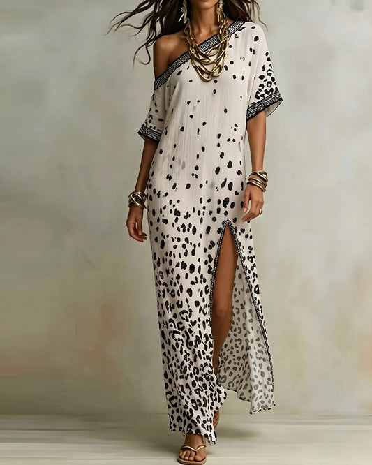 One-Shoulder Polka Dot Gradient Slit Dress casual dresses spring summer