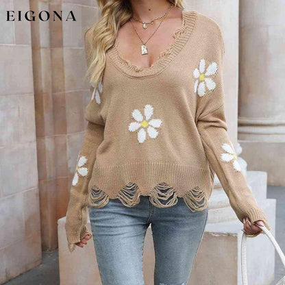 Flower Distressed Long Sleeve Sweater Camel clothes Ship From Overseas X.X.W
