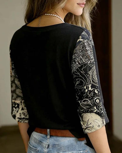 Vintage Music Note Guitar Print Blouse