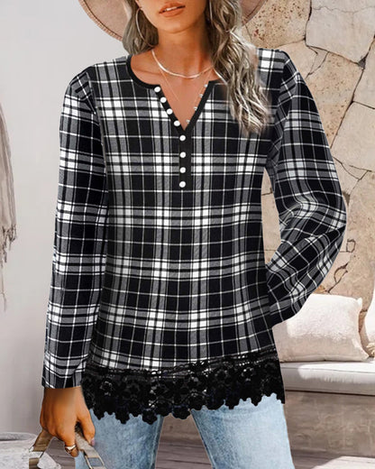 V-neck plaid lace panel long-sleeved top 2024 f/w blouses & shirts spring