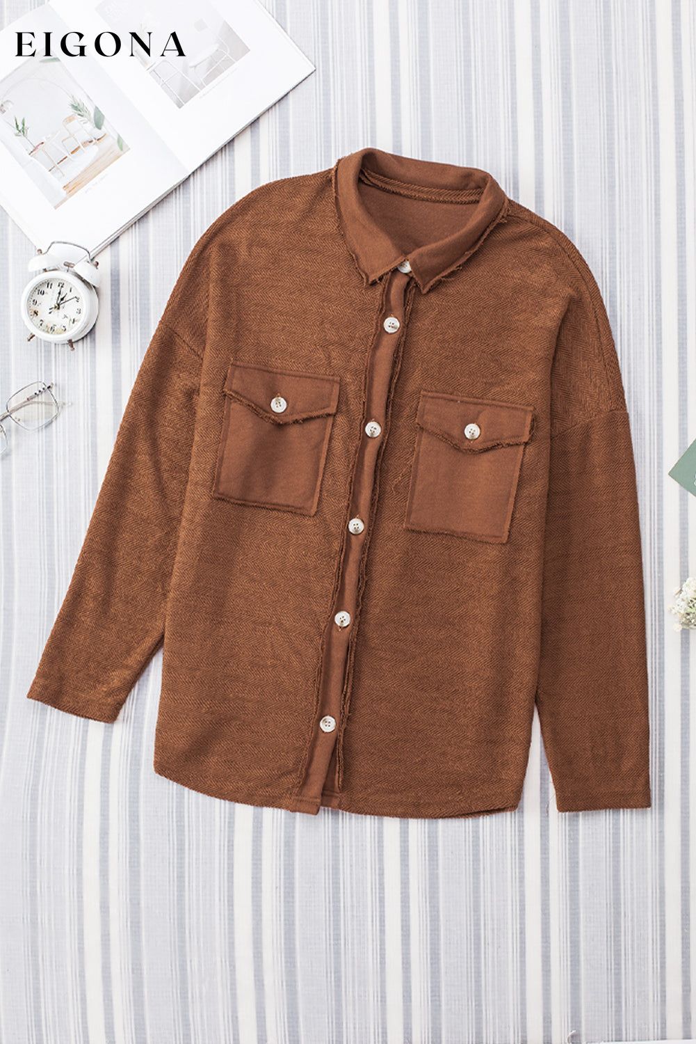 Brown Contrast Flap Pockets Relaxed Shacket All In Stock Best Sellers Category Shacket clothes DL Chic DL Exclusive Hot picks jacket long sleeve shirts Occasion Daily Print Solid Color Season Winter shirt shirts Style Casual