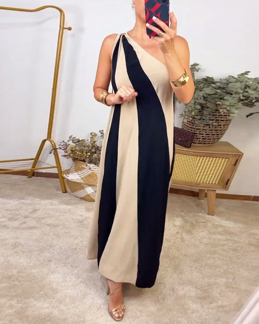 Striped printed one-shoulder casual long dress casual dresses summer
