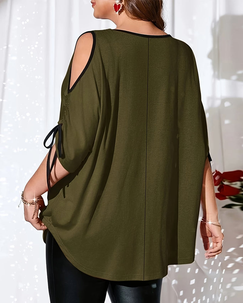 Off-Shoulder Vertical Stripe Patchwork Tie-Up T-Shirt