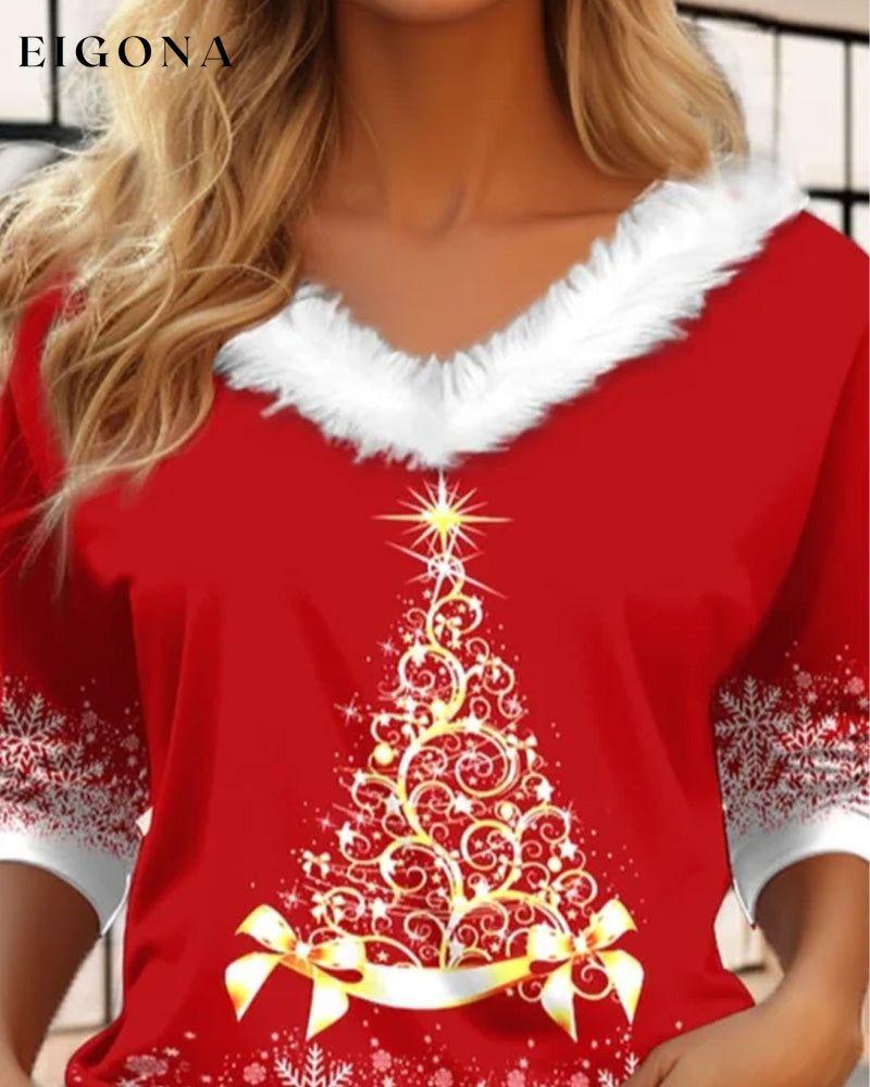 Plush v-neck christmas tree print top 2023 f/w 23BF blouses & shirts christmas Clothes