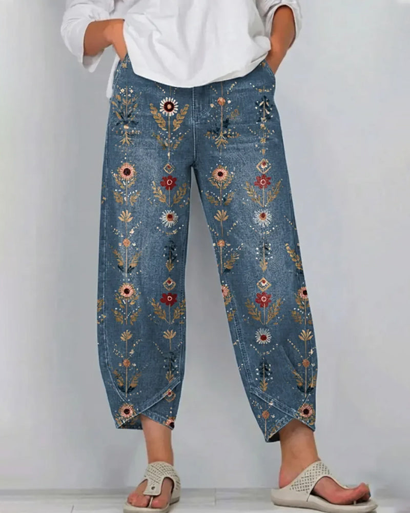 Floral Print Denim Ankle-Length Pants