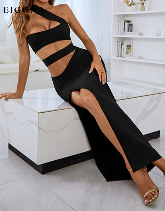 One-Shoulder Sexy Cutout Front Split Maxi Dress body con clothes cocktail dresses cut out dresses dress dresses evening dress evening dresses maxi dress maxi dresses midi dress midi dresses NF Ship From Overseas trend