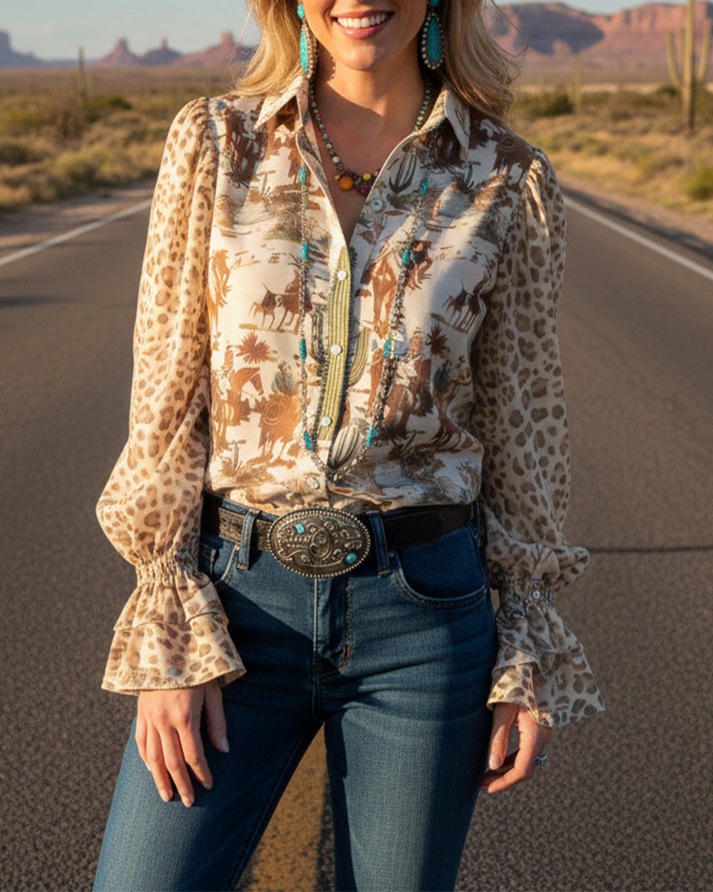 Lapel Vintage Print Puff Sleeve Shirt