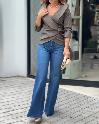 Long sleeve v-neck solid color knot top 202466 blouses & shirts spring summer